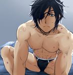 1boy abs aftersex bara black_hair eye_patch eyepatch looking_at_viewer muscle nipples pecs solo topless touken_ranbu yaoi 