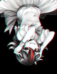  anaglyph bad_id bad_pixiv_id black_background bow bracelet breasts chromatic_aberration chromatic_aberration_abuse dress fangs fingernails half-closed_eye hands_on_own_head highres jewelry kijin_seija long_hair looking_at_viewer monochrome multicolored_hair nail_polish open_mouth red_eyes red_hair red_nails sharp_fingernails sheya short_sleeves small_breasts solo spot_color streaked_hair teeth tongue touhou upside-down 