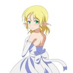  back bare_shoulders blonde_hair blush bride cato_(monocatienus) cocked_eyebrow dress elbow_gloves gloves green_eyes happy looking_at_viewer looking_back mizuhashi_parsee pointy_ears sash smile solo strapless strapless_dress touhou wavy_hair wedding_dress white_dress white_gloves 