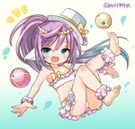  :d animal_ears ankle_scrunchie aqua_eyes ball barefoot bikini bikini_skirt bow circlet frilled_bikini frills hat hat_bow marshmallow_mille open_mouth pointy_ears ponytail purple_hair puzzle_&amp;_dragons ruka_(p&amp;d) scrunchie smile solo swimsuit top_hat twitter_username wrist_scrunchie 