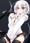  black_background black_legwear blue_eyes blush covering covering_crotch hair_ornament hairclip highres hood hood_down hoodie looking_at_viewer open_mouth original otokuyou pleated_skirt ringo-chan_(otokuyou) shirt short_hair skirt solo thighhighs white_hair 