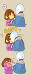  3koma =_= androgynous blush_stickers brown_hair bumping comic crying failure flying_sweatdrops frisk_(undertale) head_bump heart highres holding_hands hood hoodie injury kiss mamaito sans shirt silent_comic skeleton spoken_heart striped striped_shirt sweat sweatdrop sweating_profusely tears undertale you're_doing_it_wrong 