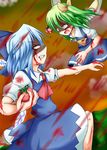  ascot battle blue_hair cirno clenched_teeth commentary cravat d: daiyousei dress dripping duel green_hair highres lunging multiple_girls nogiguchi open_mouth short_hair side_ponytail stained_clothes teeth tomato tomato_juice touhou 