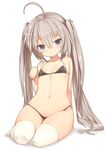  :o ahoge bangs bikini black_bikini blue_eyes blush breasts grey_hair hair_between_eyes highres looking_at_viewer navel original ruiten simple_background sitting small_breasts solo swimsuit thick_thighs thighhighs thighs twintails white_background white_legwear 