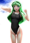 absurdres blue_eyes competition_swimsuit green_hair highleg highleg_swimsuit highres horns long_hair lum nanao_futaba one-piece_swimsuit open_mouth pointy_ears solo swimsuit urusei_yatsura 