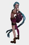  blue_hair boots braid bullet eyeshadow fingerless_gloves full_body gloves jewelry jinx_(league_of_legends) league_of_legends long_hair looking_at_viewer maburote makeup necklace pink_eyes short_shorts shorts smile solo twin_braids very_long_hair weapon 