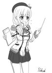  absurdres blush book cosplay ellen_baker epaulettes flying_sweatdrops frills greyscale guin_guin hat highres kantai_collection kashima_(kantai_collection) kashima_(kantai_collection)_(cosplay) long_hair low_ponytail monochrome new_horizon pointer scrunchie skirt solo uniform wavy_mouth 