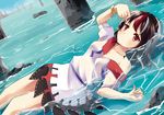  black_hair bracelet collarbone dress highres horns jewelry kijin_seija looking_at_viewer multicolored_hair off_shoulder pillar print_dress puffy_short_sleeves puffy_sleeves red_eyes short_sleeves solo soramuko streaked_hair touhou water 