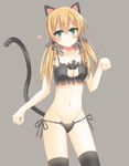  :o animal_ears black_bra black_legwear blonde_hair blush bra breasts cat_ear_panties cat_ears cat_lingerie cat_tail cleavage cleavage_cutout grey_background heart kantai_collection kemonomimi_mode long_hair medium_breasts meme_attire navel panties paw_pose prinz_eugen_(kantai_collection) shi6kurutto side-tie_panties simple_background solo tail thighhighs twintails underwear 