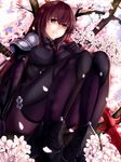  bodysuit cherry_blossoms fate/grand_order fate_(series) highres long_hair purple_bodysuit purple_hair red_eyes scathach_(fate)_(all) scathach_(fate/grand_order) solo thighhighs weapon xyomouse 