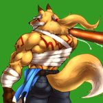  anthro bandage clothed clothing concon-collector fur looking_back male melee_weapon monoeye muscular official_art ponytail simple_background solo weapon 