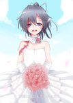  :d absurdres bare_shoulders black_hair blue_eyes blue_sky bouquet burn_scar cloud dorei_to_no_seikatsu_~teaching_feeling~ dress flower gloves hair_ornament hair_ribbon hairclip happy highres looking_at_viewer open_mouth ponytail ribbon scar shiliuye_feiyu sky smile solo sylvie_(dorei_to_no_seikatsu) translated wedding_dress white_dress white_gloves 