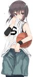  5 absurdres alternate_costume bare_shoulders basketball basketball_uniform blush breath brown_eyes brown_hair edogawa_nao headband headgear highres kantai_collection navel number open_mouth shorts simple_background solo sportswear sweat taihou_(kantai_collection) teeth white_background wristband 