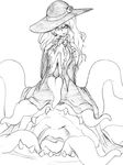  1girl :p ascot cameko_(camel) camel_(dansen) dress eyes gown hat hat_over_one_eye monochrome monster monster_girl open_mouth original sharp_teeth simple_background sketch solo teeth tentacle tongue 