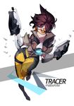  bodysuit brown_hair dual_wielding goggles gun handgun holding maburote orange_bodysuit overwatch short_hair smile solo spiked_hair tracer_(overwatch) weapon 