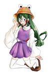  absurdres asui_tsuyu bad_id bad_twitter_id black_eyes boku_no_hero_academia cosplay frog_girl green_hair hair_ribbon hair_rings hat highres long_hair long_sleeves long_tongue low-tied_long_hair marimari_2043 moriya_suwako moriya_suwako_(cosplay) ribbon tongue tongue_out touhou trait_connection white_legwear 