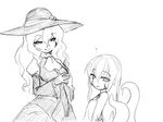  2girls :p ? ascot cameko_(camel) camel_(dansen) camisole crossover dress female gown hat long_sleeves monochrome multiple_girls original puffy_short_sleeves short_puffy_sleeves simple_background sylvie_(dorei_to_no_seikatsu) tentacle 