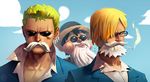  3boys beard blonde_hair cigarette disguise dressrosa earrings eating fake_mustache glasses green_hair hair_over_one_eye hat hawaiian_shirt monkey_d_luffy multiple_boys mustache one-eyed one_piece roronoa_zoro sanji smoking straw_hat suit sunglasses trio 