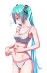  aqua_eyes aqua_hair belly_grab bra cowboy_shot duplicate fingernails flab grey_panties hatsune_miku long_hair nail_polish navel panties pinching solo sports_bra stomach translated twintails underwear very_long_hair vocaloid weight_conscious wokada 