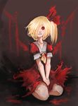  1girl ascot black_sclera blonde_hair blood dress fang fangs flandre_scarlet highres koumajou_densetsu red_dress red_eyes ribbon short_sleeves side_ponytail smile solo touhou wings zana 