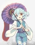  adapted_costume ahoge bad_id bad_pixiv_id blue_eyes blue_hair cheong_ha cowboy_shot heterochromia japanese_clothes kimono long_sleeves looking_at_viewer obi oriental_umbrella red_eyes sash short_hair solo tatara_kogasa tongue tongue_out touhou umbrella wide_sleeves 