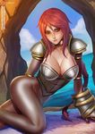 arm_support armor badcompzero beach boobplate breastplate breasts cleavage day ironscale_shyvana large_breasts league_of_legends light_smile lips long_hair looking_at_viewer pantyhose red_eyes red_hair shyvana solo 