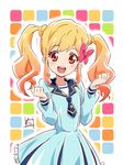  aikatsu!_(series) aikatsu_stars! artist_name blonde_hair blush clenched_hands collared_shirt eyebrows eyebrows_visible_through_hair gradient_hair hair_ornament hair_ribbon highres long_sleeves multicolored multicolored_background multicolored_hair necktie nii_manabu nijino_yume open_mouth orange_eyes patterned_background pink_ribbon ribbon school_uniform shirt sidelocks smile solo twintails uniform yotsuboshi_academy_uniform 