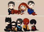  2boys 5boys batman batman_(series) belt black_cape black_hair blonde_hair blue_eyes bodysuit boots brothers bruce_wayne cape chibi cousins cross-laced_footwear damian_wayne dc_comics dick_grayson domino_mask family father_and_son green_shoes helmet indian_style jacket jason_todd kal-el kara_zor-el kneeling kon-el kryptonian leather leather_jacket long_sleeves mask midriff multiple_boys nightwing red_cape red_hood_(dc) red_robin red_shoes robin_(dc) s_shield shoes siblings sitting superboy supergirl superman superman_(series) t-shirt tim_drake timothy_jackson_drake-wayne 