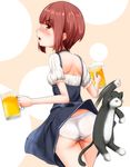 :d alcohol alternate_costume animal ass assisted_exposure bangs beer beer_mug blue_dress blunt_bangs blush brown_eyes cat commentary_request cowboy_shot cup dirndl dress dress_lift embarrassed eyebrows eyebrows_visible_through_hair frilled_sleeves frills german_clothes highres holding holding_cup kantai_collection looking_back maid maple_takoyaki motion_blur no_headwear open_mouth panties pantyshot paws short_hair short_sleeves shoulder_blades smile solo standing underwear unsinkable_sam upskirt v-shaped_eyebrows white_panties z3_max_schultz_(kantai_collection) 