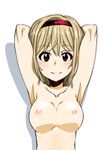  armpits arms_behind_head arms_up azishio blonde_hair blush breasts djeeta_(granblue_fantasy) granblue_fantasy looking_at_viewer medium_breasts nipples nude short_hair simple_background smile solo white_background 
