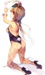  animal_ears ass back backlighting bare_arms bare_shoulders breasts brown_eyes brown_hair bunny_ears bunny_girl bunny_tail bunnysuit ear_pull fishnet_pantyhose fishnets high_heels highleg highleg_leotard kneeling leotard long_hair looking_at_viewer looking_back low_twintails original pantyhose small_breasts solo tail tears twintails ukyo_rst very_long_hair wrist_cuffs 