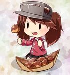  brown_hair chibi food kantai_collection kuro_nasu open_mouth ryuujou_(kantai_collection) skirt smile solo takoyaki twintails visor_cap 