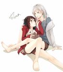  artist_name barefoot blue_eyes blush book brown_hair commentary earphones english_commentary gradient_hair jacket jewelry kuma_(bloodycolor) multicolored_hair multiple_girls necklace red_hair ring ruby_rose rwby scar scar_across_eye shared_earphones sitting weiss_schnee white_hair yuri 