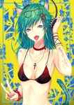  absurdres animal_ears bad_id bad_pixiv_id bikini_top blue_eyes bracelet breasts cross cross_necklace earrings eyewear_on_head green_hair headphones highres jewelry kaze_minoru_so-ru long_hair looking_at_viewer necklace original small_breasts solo tattoo tongue tongue_out v 