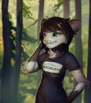 2019 anthro clothed clothing communism day detailed_background digital_media_(artwork) english_text female forest fur hair hazelmere hi_res mammal marsupial opossum outside politics smile socialism socialist solo standing text tree 