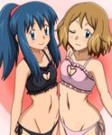  black_bra black_panties blush bra hikari_(pokemon) kuro_hopper multiple_girls panties pink_bra pink_panties pokemon serena_(pokemon) side-tie_panties underwear underwear_only 