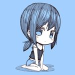  alternate_costume bangs bare_shoulders barefoot blue blue_background camisole chibi commentary_request fubuki_(kantai_collection) kantai_collection kouji_(campus_life) looking_at_viewer low_ponytail monochrome short_hair short_ponytail shorts sitting sketch solo spaghetti_strap strap_slip wariza 