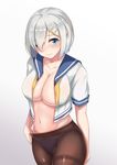  blue_eyes blush breasts brown_legwear eyes_visible_through_hair gloves gradient gradient_background hair_ornament hair_over_one_eye hairclip hamakaze_(kantai_collection) highres kantai_collection kurokku large_breasts looking_at_viewer navel no_gloves no_pants open_clothes open_shirt panties panties_under_pantyhose pantyhose school_uniform serafuku shirt short_hair short_sleeves silver_hair solo thighband_pantyhose underwear white_background 