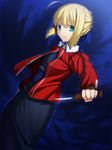  ahoge alternate_costume artoria_pendragon_(all) blonde_hair blue_background blue_bow blue_dress bow braid cosplay cowboy_shot dagger dress fate/grand_order fate/stay_night fate_(series) french_braid green_eyes hair_bow highres holding holding_dagger holding_weapon jacket japanese_clothes kara_no_kyoukai kimono looking_at_viewer ryougi_shiki ryougi_shiki_(cosplay) saber short_hair skylader smile solo weapon 