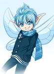 berserk blue_eyes blue_hair blue_scarf brand_of_sacrifice contemporary elf eyelashes hands_in_pockets highres male_focus pointy_ears puck scarf smile solo spectragenesis wings 
