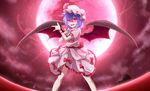  :d bat_wings bishoujo_senshi_sailor_moon cloud cloudy_sky commentary_request evandragon fangs hat highres looking_at_viewer mob_cap moon night night_sky open_mouth parody pose purple_hair red_eyes red_moon remilia_scarlet shaded_face short_hair sky smile solo star_(sky) starry_sky touhou tsuki_ni_kawatte_oshioki_yo wings 
