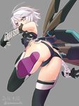  ahoge ass bandages bare_shoulders black_legwear black_panties blush boots dobunezumi fate/apocrypha fate_(series) from_behind gloves highres jack_the_ripper_(fate/apocrypha) looking_at_viewer looking_back panties scar short_hair silver_eyes silver_hair solo thighhighs underwear weapon 