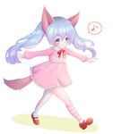  animal_ears blue_eyes blue_hair dog_ears dress eighth_note elin_(tera) enepuni full_body kneehighs long_hair mary_janes musical_note outstretched_arms pink_dress shoes smile solo spoken_musical_note striped striped_legwear tail tera_online twintails walking white_background 