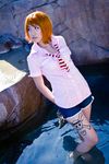  arms_behind_back bangs collared_shirt cosplay female holding joluffirosauce looking_to_the_side nami_(cosplay) nami_(one_piece) no_shoes one_piece photo pink_shirt shirt shoes shoes_removed short_hair short_sleeves shorts solo toes wading water 