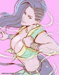 ass asymmetrical_hair black_hair bracelet breasts brown_eyes cleavage cornrows crop_top dark_skin electricity front-tie_top jewelry large_breasts laura_matsuda long_hair midriff rejean_dubois shirt smile solo street_fighter street_fighter_v tied_shirt wavy_hair 