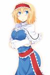  alice_margatroid blonde_hair blue_dress blue_eyes blush breasts capelet chata_maru_(irori_sabou) cowboy_shot crossed_arms dress hairband large_breasts lolita_hairband long_sleeves open_mouth sash shirt solo touhou white_capelet 