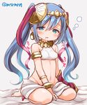  aqua_eyes armlet bed_sheet between_legs blue_hair blush bracelet covered_nipples crop_top earrings half-closed_eyes halter_top halterneck hand_between_legs headdress jewelry lakshmi_(p&amp;d) long_hair marshmallow_mille midriff multicolored_hair navel necklace puzzle_&amp;_dragons quad_tails red_hair saliva sitting sleepy solo twitter_username two-tone_hair 