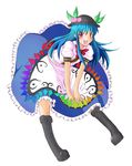  :3 :d blue_hair boots cross-laced_footwear daigorou food fruit full_body hat hinanawi_tenshi knee_boots lace-up_boots leaning_forward long_hair looking_at_viewer open_mouth peach red_eyes simple_background skirt smile solo touhou v_arms white_background 
