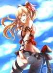  adjusting_clothes adjusting_swimsuit ass bikini blonde_hair bow breasts flower from_behind from_below granblue_fantasy hair_bow hair_flower hair_ornament highres large_breasts long_hair looking_at_viewer looking_back nikke_(cherish) open_mouth orange_eyes ponytail ribbon smile solo swimsuit vira_lilie water wet wind 