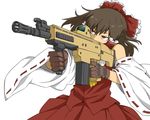  aiming ascot assault_rifle bow brown_gloves brown_hair commentary_request detached_sleeves eotech flash_suppressor fn_scar fn_scar_17 gloves gun hair_bow hair_tubes hakurei_reimu japanese_clothes miko red_eyes red_shirt red_skirt ribbon-trimmed_sleeves ribbon_trim rifle scope shirt short_hair simple_background skirt solo touhou vertical_foregrip weapon white_background wide_sleeves xenon_(kona-card) 